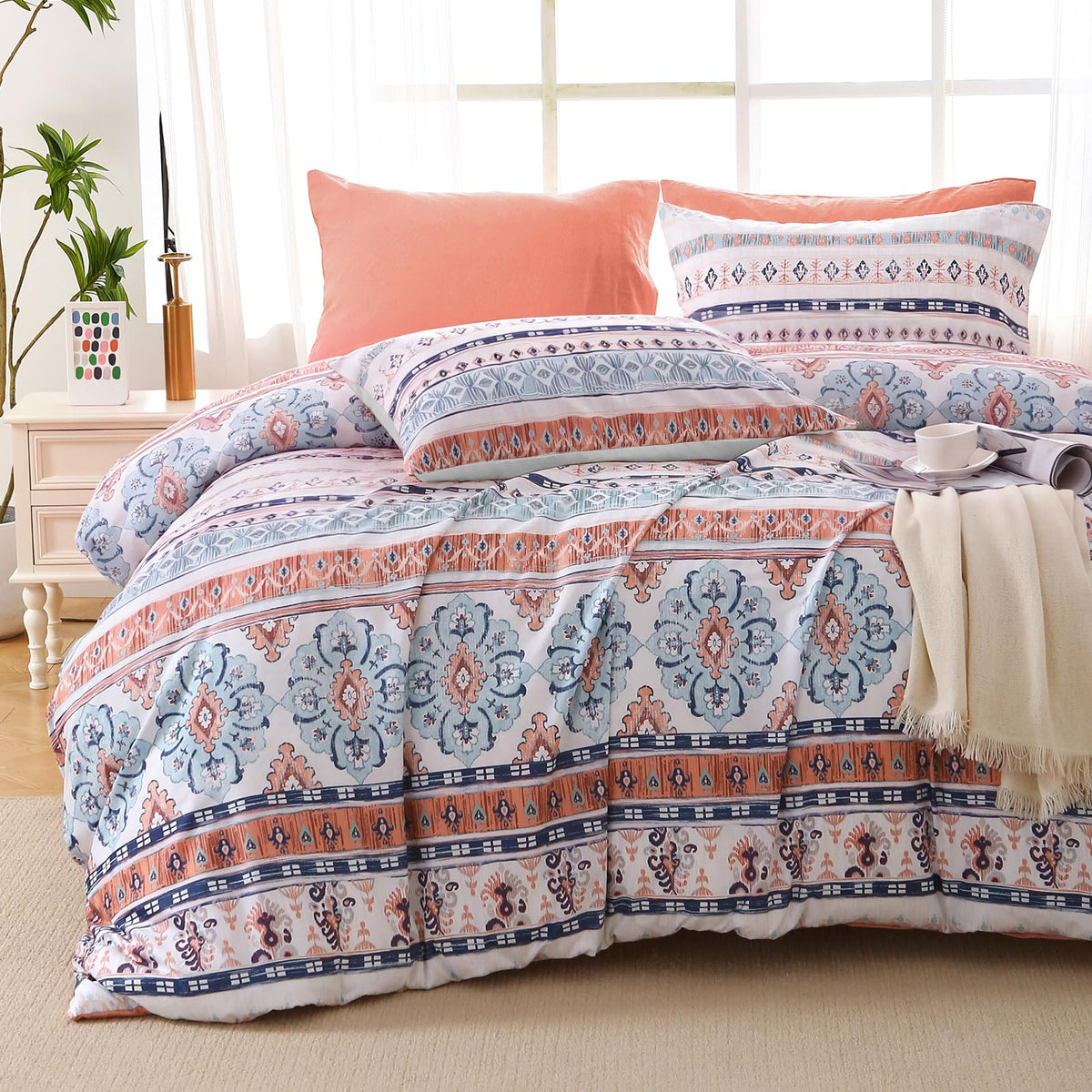 MUXHOMO Queen Comforter Set 7 Pieces, Sage Green Bed in a Bag Queen Reversible Botanical Flowers Design, Ultra Soft & Breathable Bedding Sets with Comforter, Sheets, Pillowcases & Shams