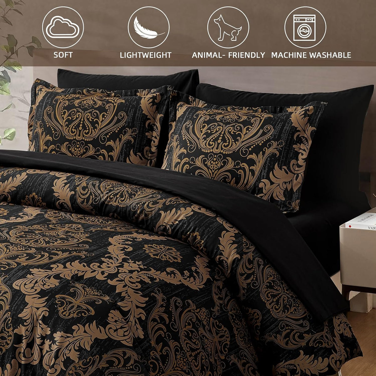 WONGS BEDDING Black Comforter Set King Size, Gold Damask Texture 7 Pieces Bed in a Bag Microfiber Comforter Bedding Sets -1 Comforter, 1 Flat Sheet, 1 Fitted Sheet, 2 Pillow Shams, 2 Pillowcases