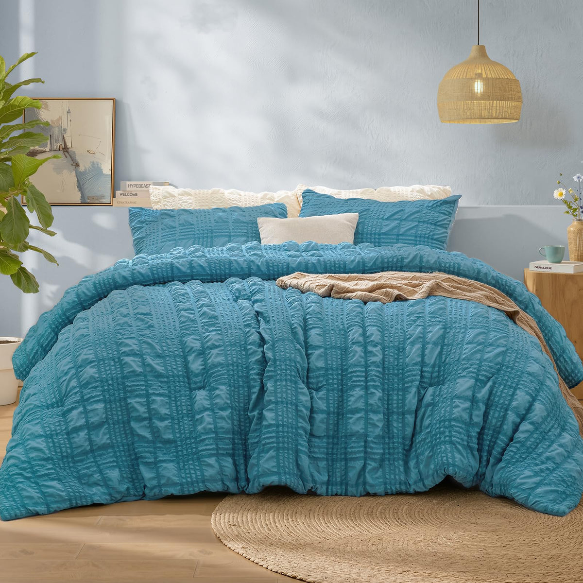 BEDELITE Queen Comforter Set, Seersucker Bedding Set 3 Pieces, Cream