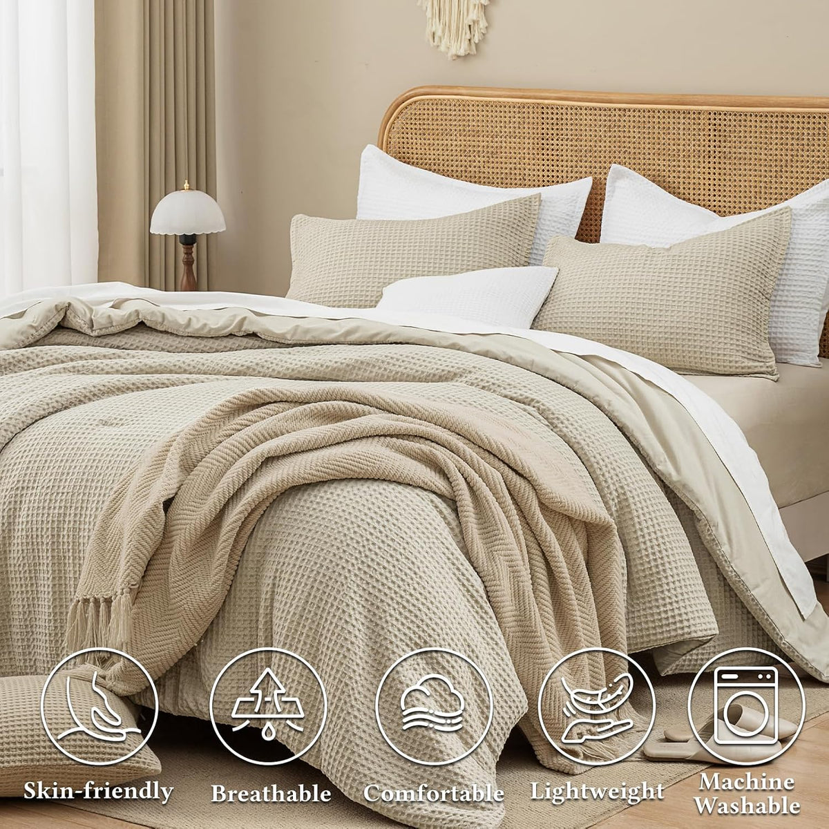 David's Home Textured Summer Waffle Weave Comforter Set, Queen, Linen