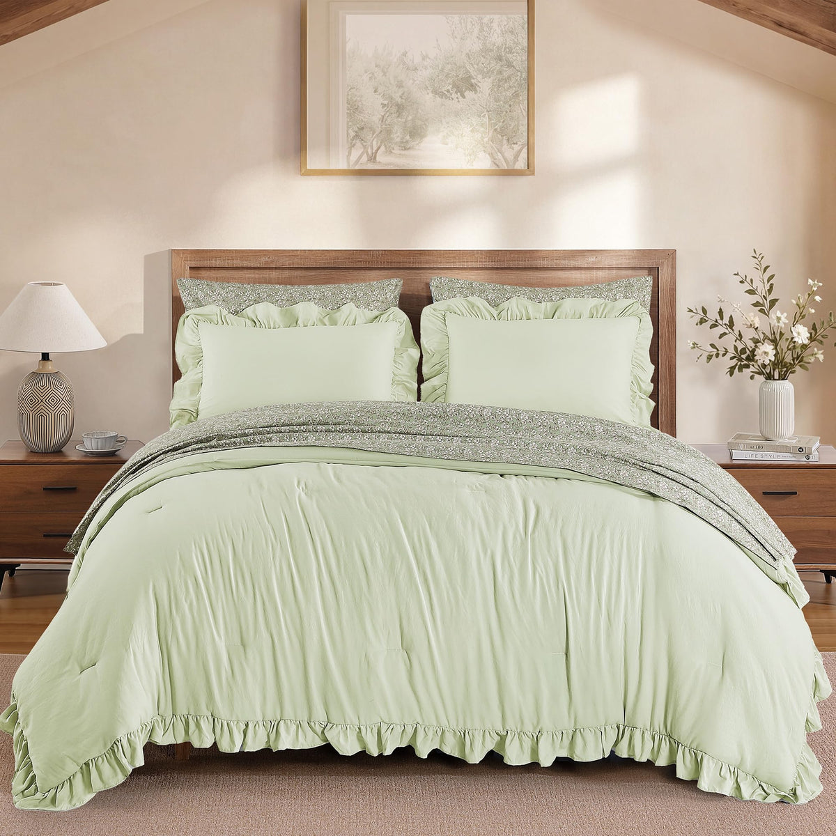 BLOOMHAVEN Queen Comforter Set-7 Pieces Ruffle Bedding with Floral Sheet