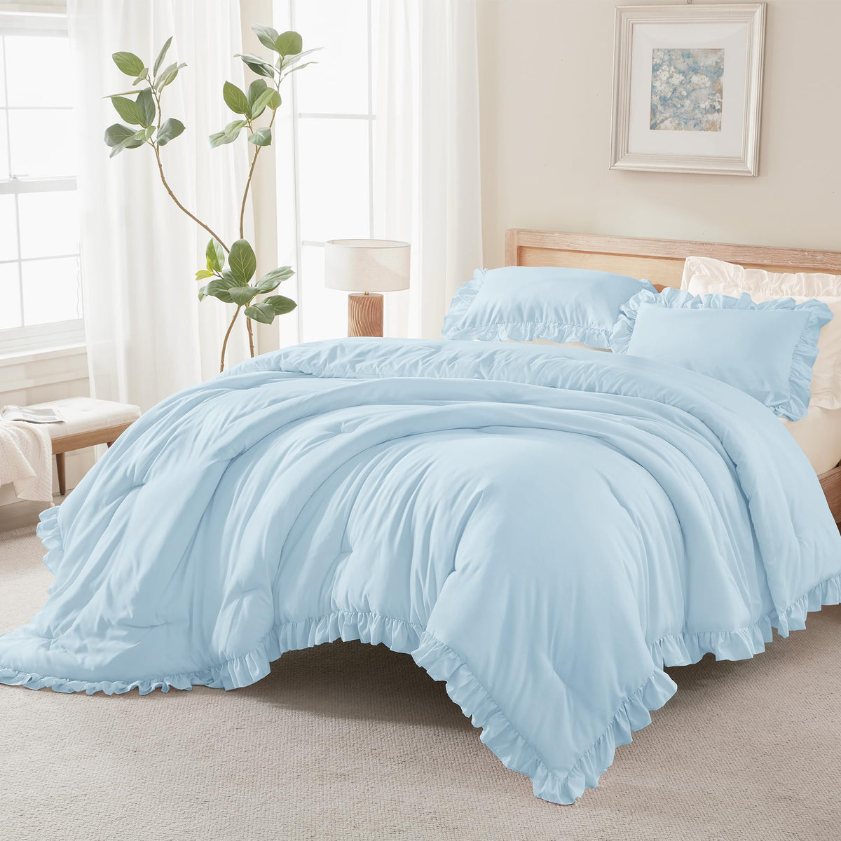 Andency White Comforter Set Queen Size, 3 Pieces Ruffle Farmhouse Bed Set