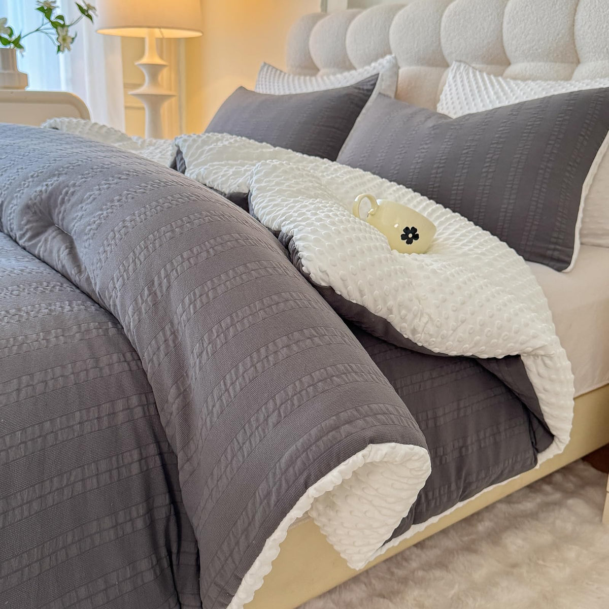 tohrisa Boho Comforter Set Full Size Striped Pleats Bohemian Seersucker Bedding Set All Season Soft Cozy 3 Pieces Quilt with 2 Pillowcases(80"X90" Light Blue)