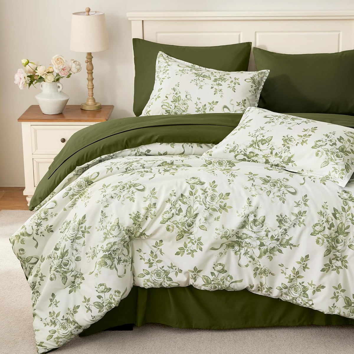 Andency Floral Comforter Queen Set, 7 Pieces Green Rose Flower Bedding Set