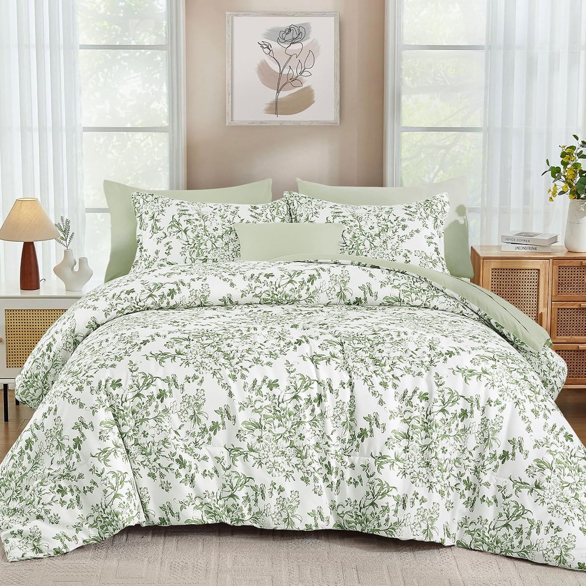 WONGS BEDDING 8 Pieces King Size Comforter Set Green,Sage Green Floral Bed in a Bag Comforter Sets, Soft Reversible Botanical Flowers Bedding Sets for All Season (90"x104")