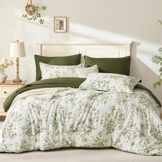 Andency Floral Comforter Queen Set, 7 Pieces Green Rose Flower Bedding Set