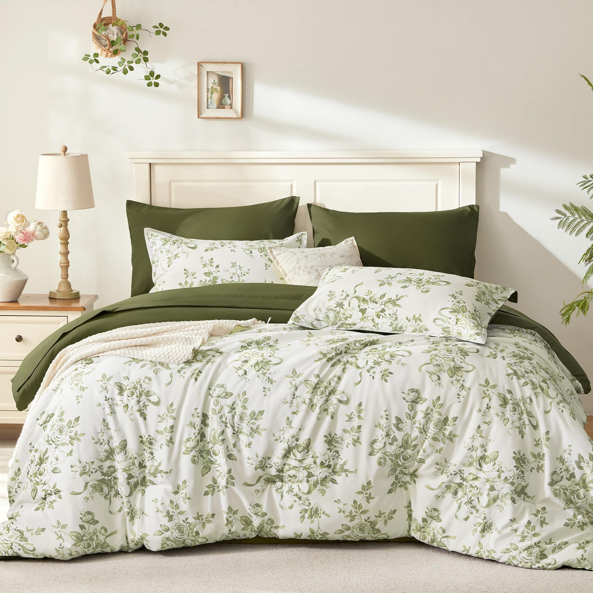 Andency Floral Comforter Queen Set, 7 Pieces Green Rose Flower Bedding Set