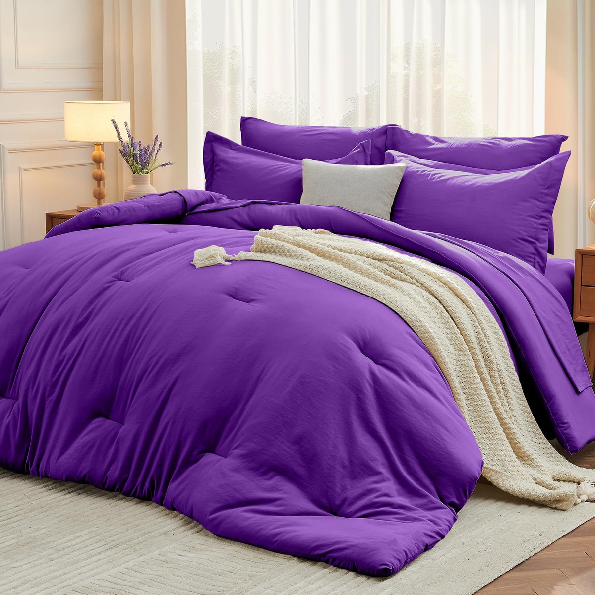 MUXHOMO 7 Pieces California King Comforter Set, Soft Bed in a Bag Cal King Size, All Season Bedding Set with Comforter, Flat Sheet, Fitted Sheet, Pillowcases & Shams, Beige