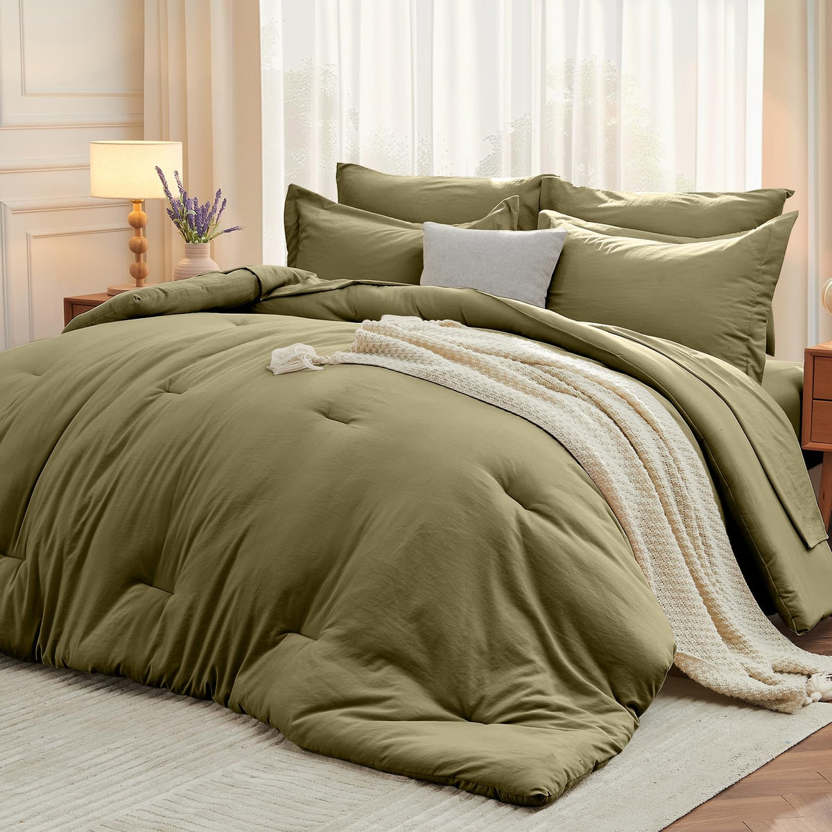 MUXHOMO 7 Pieces California King Comforter Set, Soft Bed in a Bag Cal King Size, All Season Bedding Set with Comforter, Flat Sheet, Fitted Sheet, Pillowcases & Shams, Beige