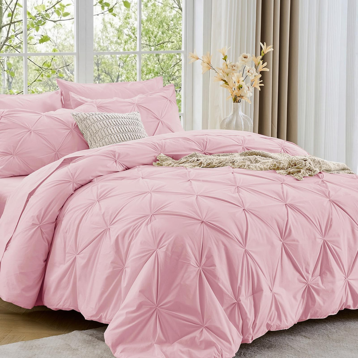 Sasttie Queen Comforter Set, 7-Piece Bed in a Bag, Pintuck Bedding Sets for All Season, Includes Comforter, Flat Sheet, Fitted Sheet, Pillowcases and Pillowshams, Beige