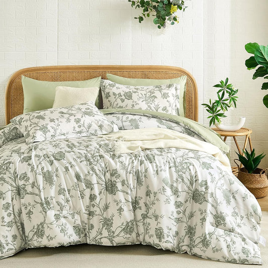 Luxudecor Sage Green Floral Queen Comforter Set, 7 Pieces Bed in a Bag