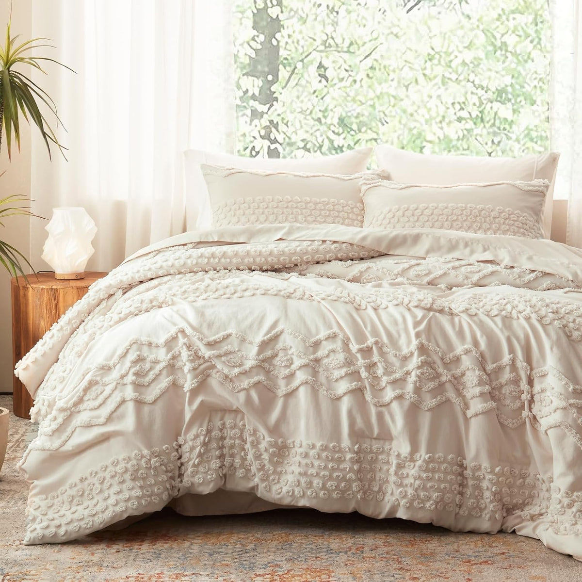 Luxudecor Beige Tufted Comforter Set, 3 Pieces Queen Size Boho Bedding Set