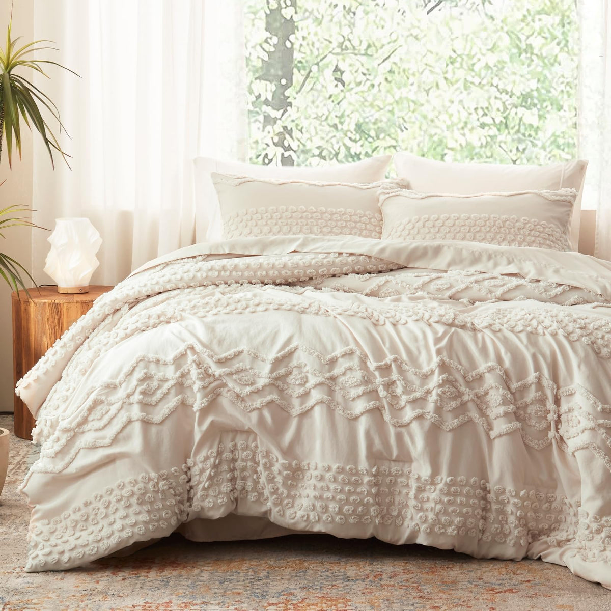 Luxudecor Beige Tufted Comforter Set, 3 Pieces Queen Size Boho Bedding Set