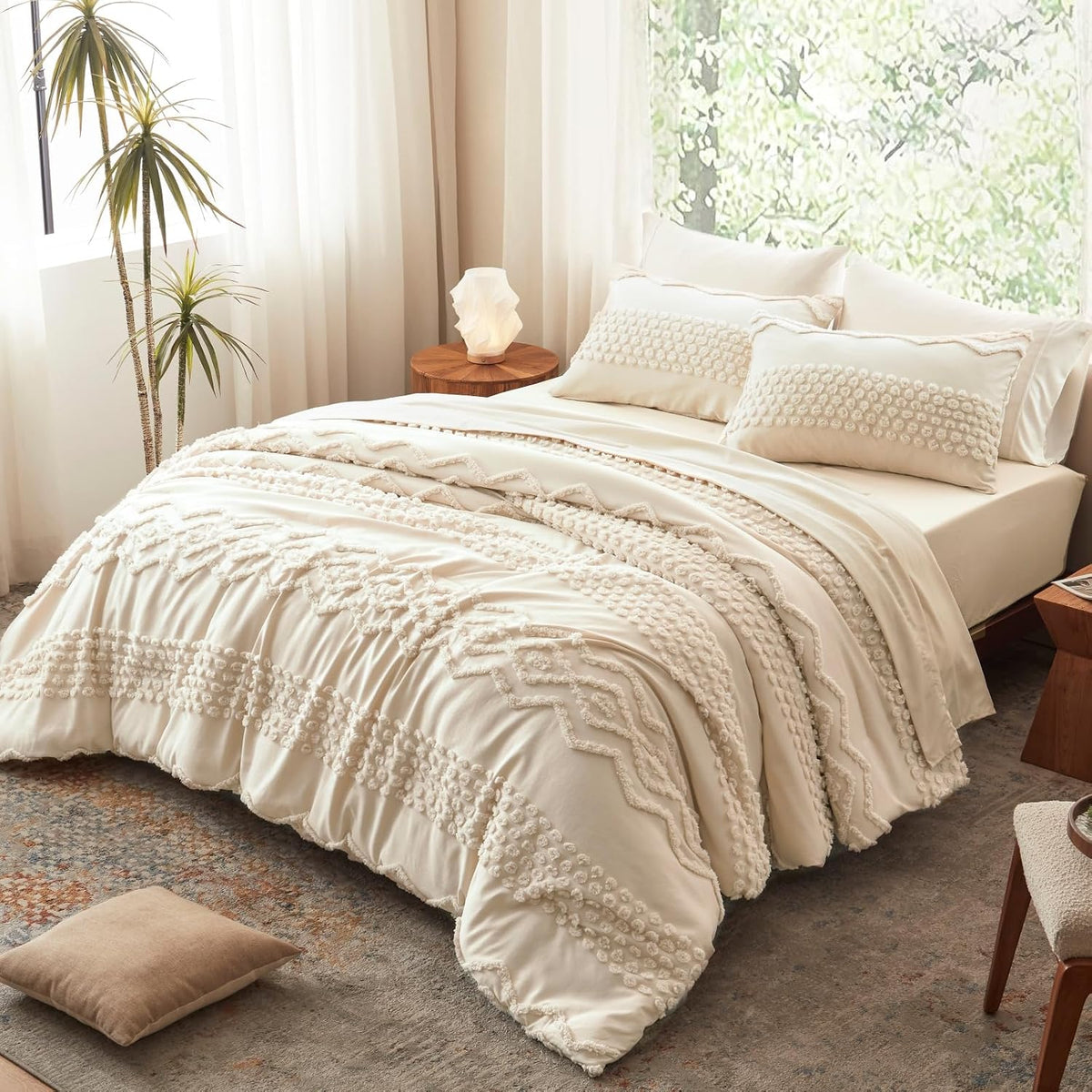 Luxudecor Beige Tufted Comforter Set, 3 Pieces Queen Size Boho Bedding Set