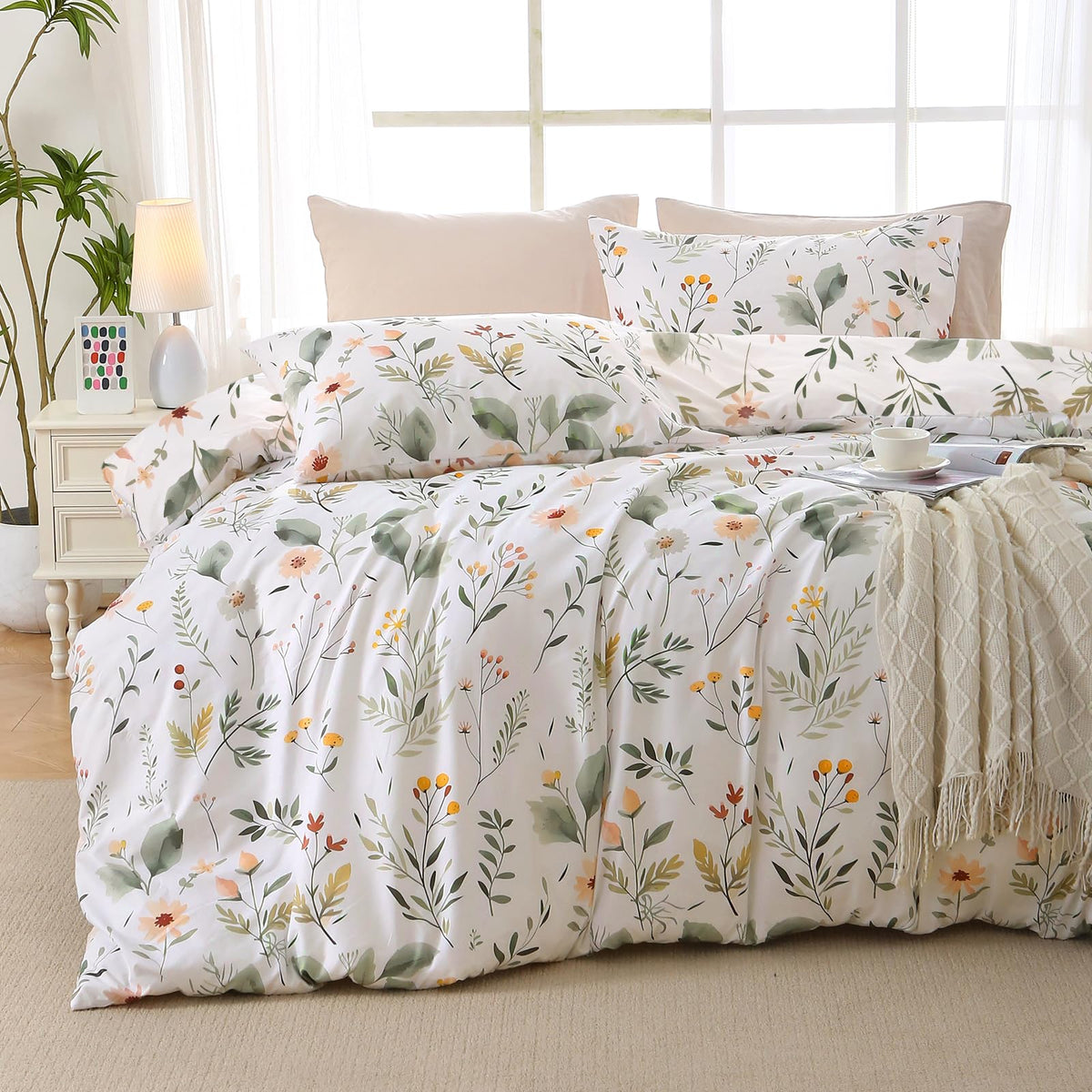MUXHOMO Queen Comforter Set 7 Pieces, Sage Green Bed in a Bag Queen Reversible Botanical Flowers Design, Ultra Soft & Breathable Bedding Sets with Comforter, Sheets, Pillowcases & Shams