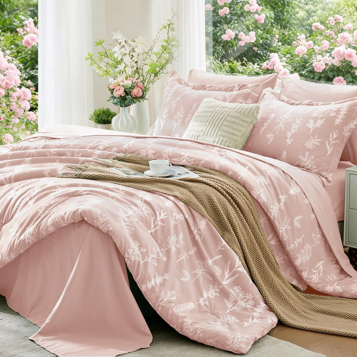 MUXHOMO Queen Comforter Set 7 Pieces, Sage Green Bed in a Bag Queen Reversible Botanical Flowers Design, Ultra Soft & Breathable Bedding Sets with Comforter, Sheets, Pillowcases & Shams