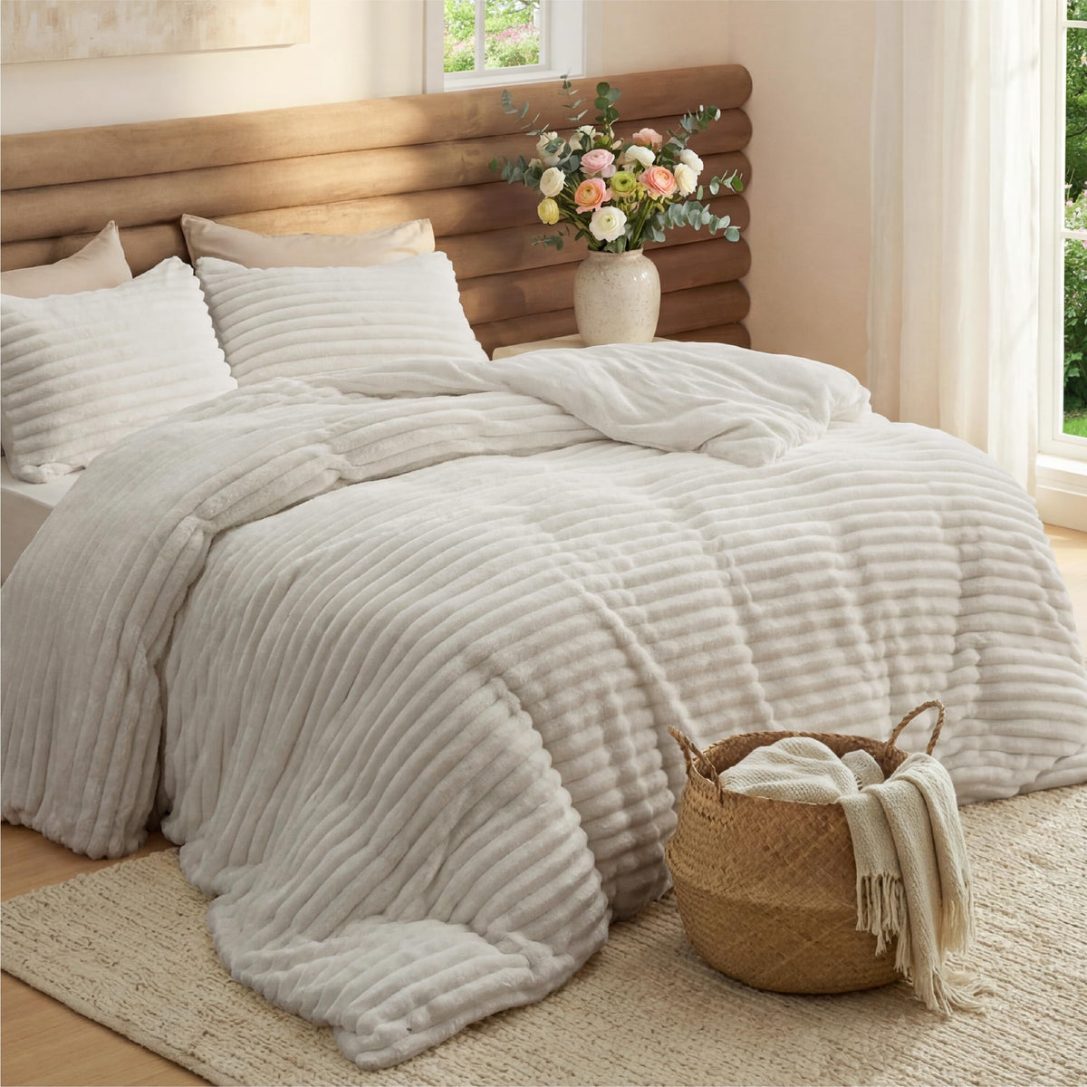 Bedsure Large Queen Fluffy Comforter Set, Cozy Fleece Cream White Bedding