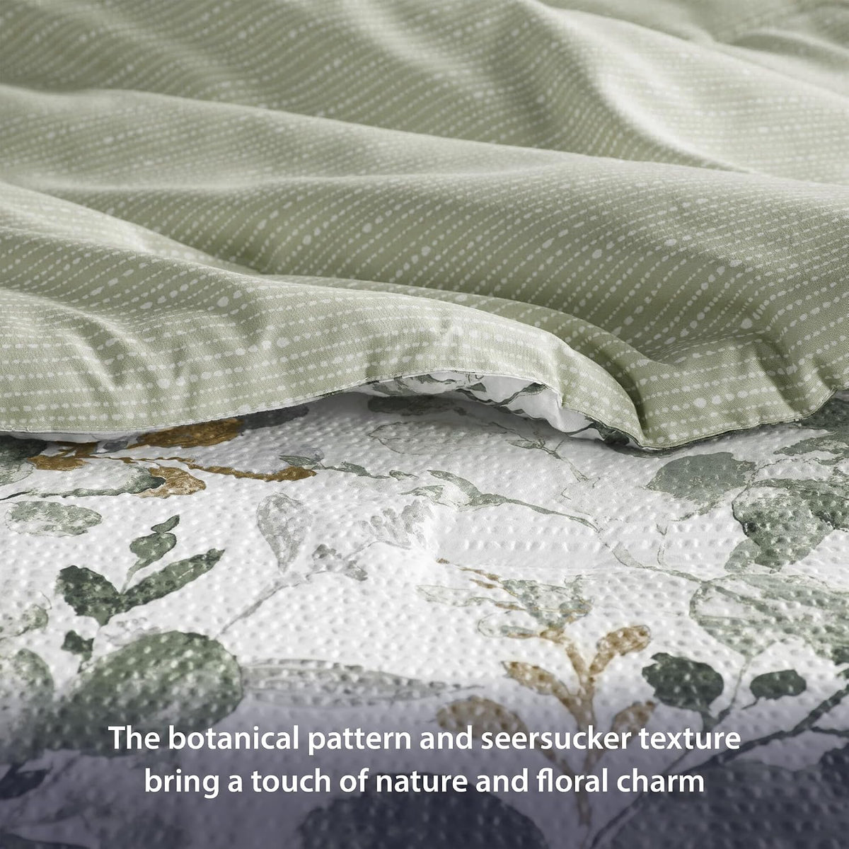 Lightweight Seersucker Botanical Comforter Set Queen Size, 3 Pieces Reversible Design with Striped Print, Premium Microfiber Bedding Set, Comforter and Sham Set, Green