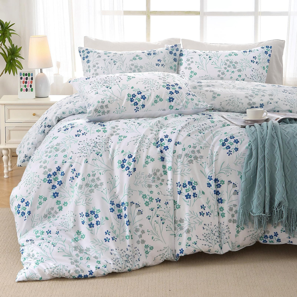 MUXHOMO Queen Comforter Set 7 Pieces, Sage Green Bed in a Bag Queen Reversible Botanical Flowers Design, Ultra Soft & Breathable Bedding Sets with Comforter, Sheets, Pillowcases & Shams