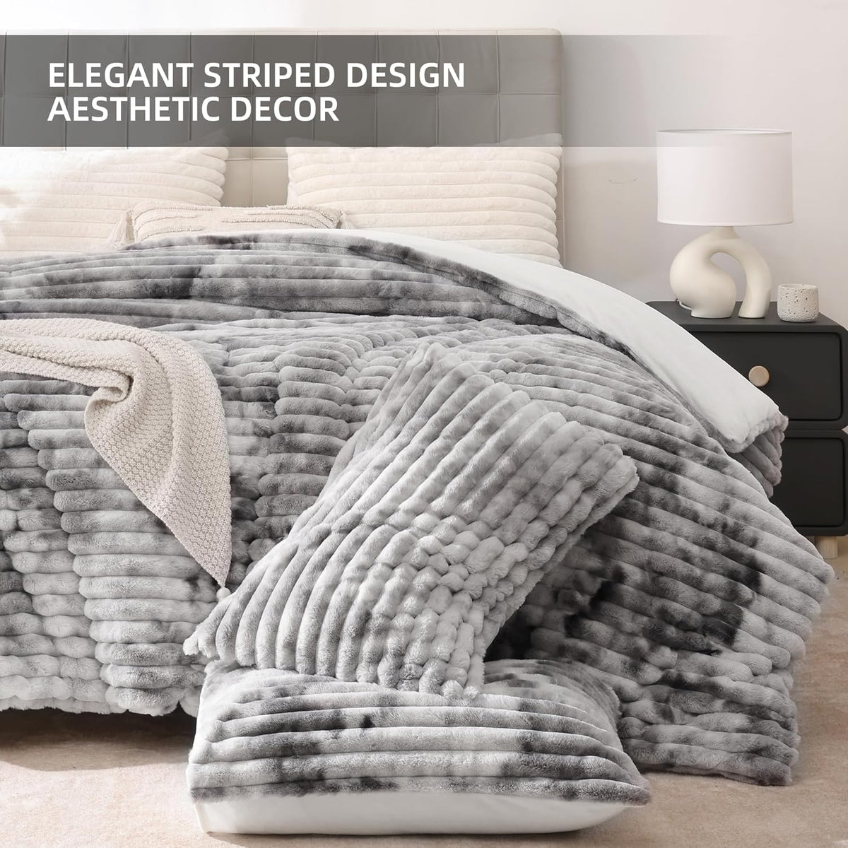Smoofy Fluffy Queen Size Comforter 3 PCS - Tie Dye Grey Fleece Bedding Set