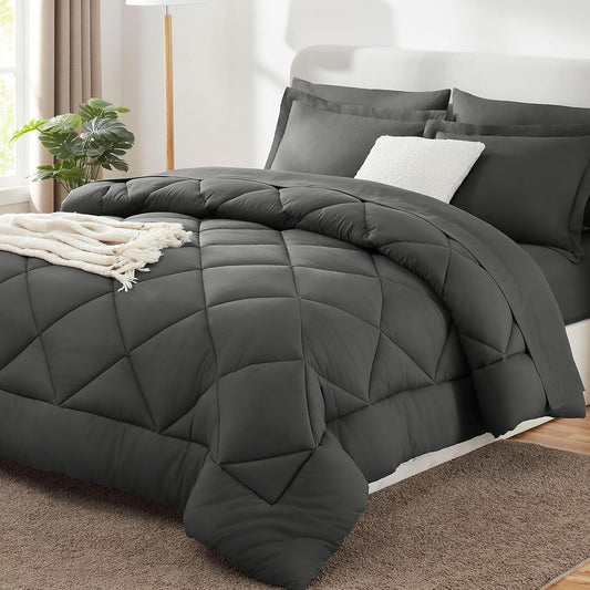CozyLux Queen Comforter Set 88"x88" Dark Grey - 7 Piece Bed in a Bag