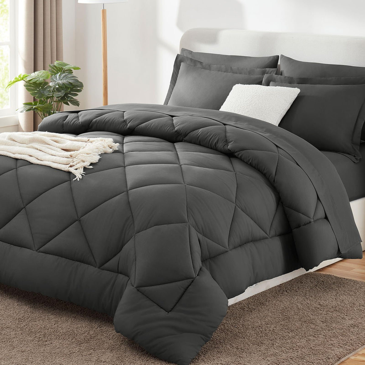 CozyLux Queen Comforter Set 88"x88" Dark Grey - 7 Piece Bed in a Bag
