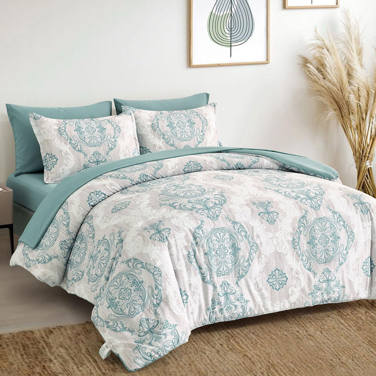 WONGS BEDDING Black Comforter Set King Size, Gold Damask Texture 7 Pieces Bed in a Bag Microfiber Comforter Bedding Sets -1 Comforter, 1 Flat Sheet, 1 Fitted Sheet, 2 Pillow Shams, 2 Pillowcases
