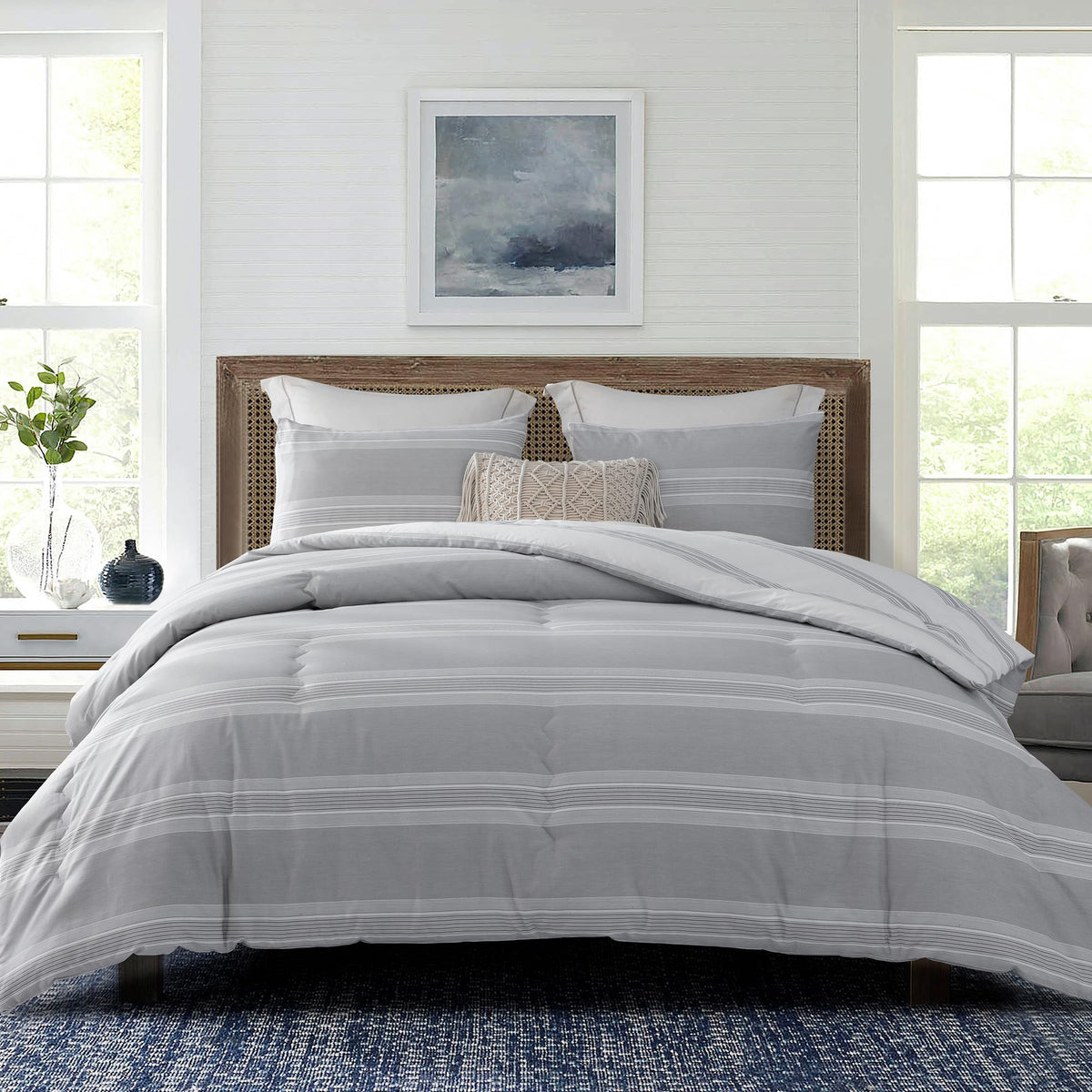 SLEEPBELLA Comforter Queen Size, 600 Thread Count Cotton Brown Branches and Blue Flowers Off-White Comforter Sets, Down Alternative Bedding Set 3Pcs(Queen, Off-White Botanical)