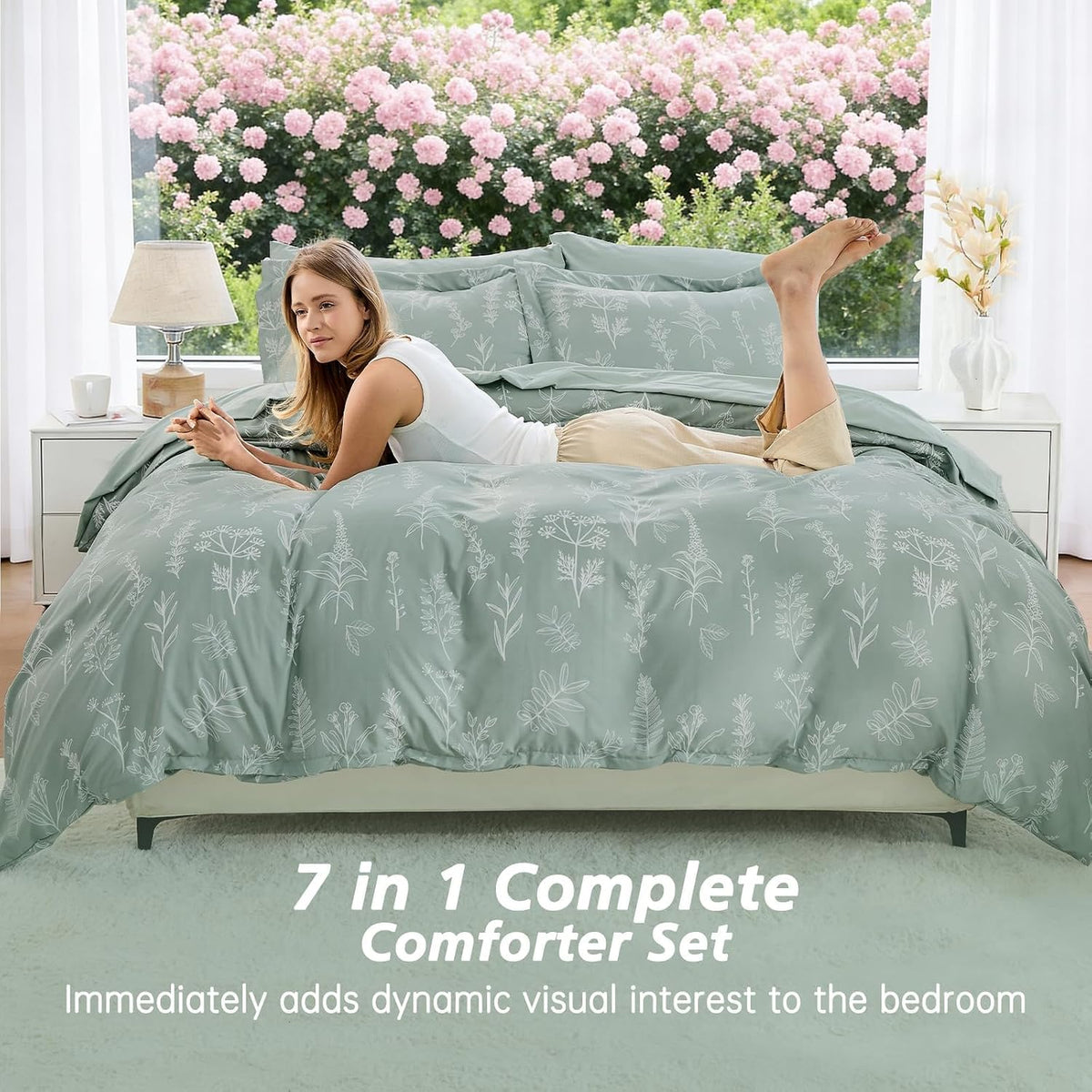 MUXHOMO Queen Comforter Set 7 Pieces, Sage Green Bed in a Bag Queen Reversible Botanical Flowers Design, Ultra Soft & Breathable Bedding Sets with Comforter, Sheets, Pillowcases & Shams