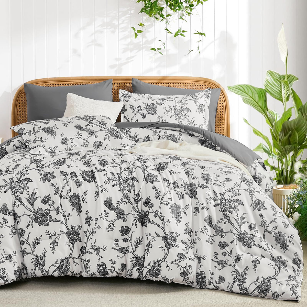 Luxudecor Sage Green Floral Queen Comforter Set, 7 Pieces Bed in a Bag