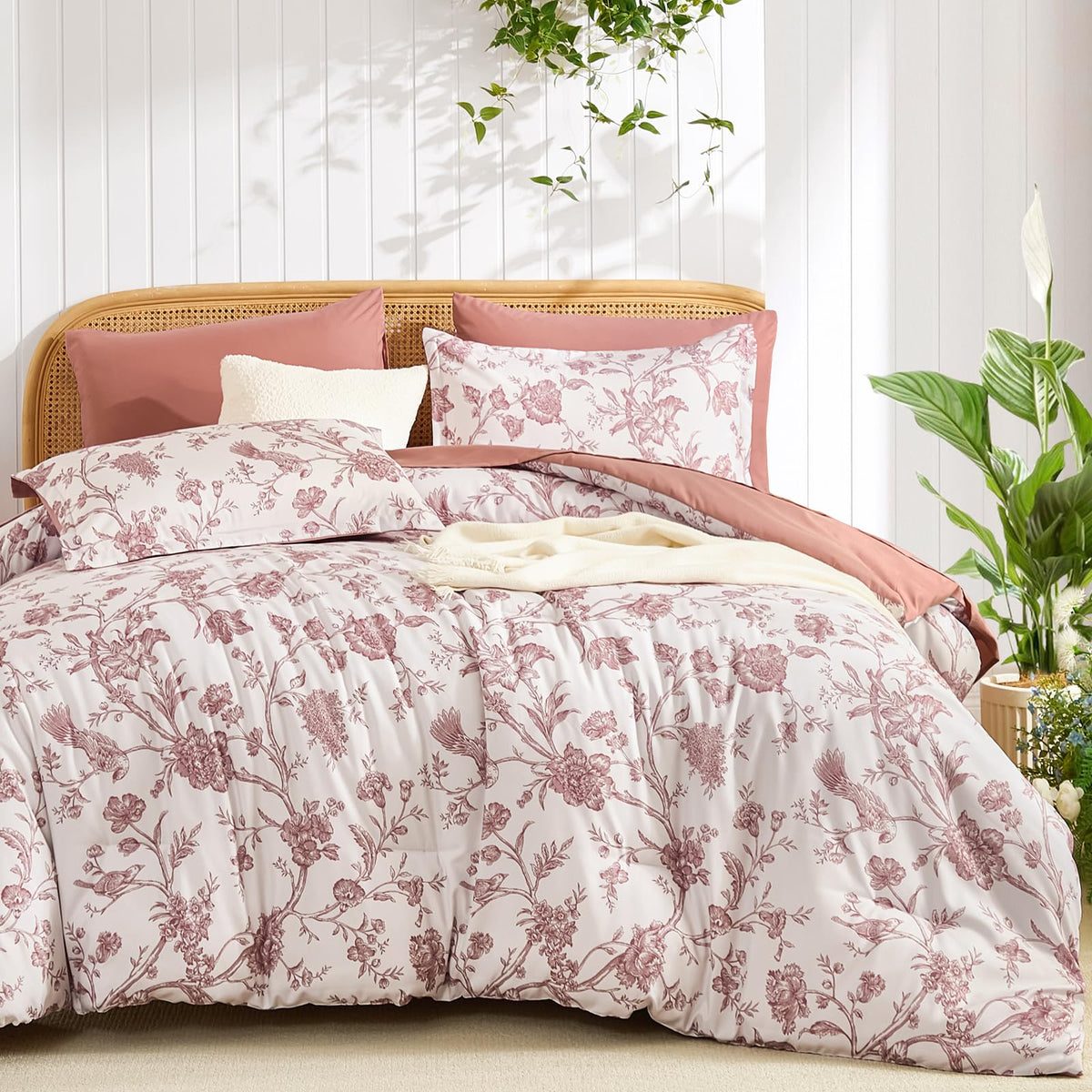 Luxudecor Sage Green Floral Queen Comforter Set, 7 Pieces Bed in a Bag