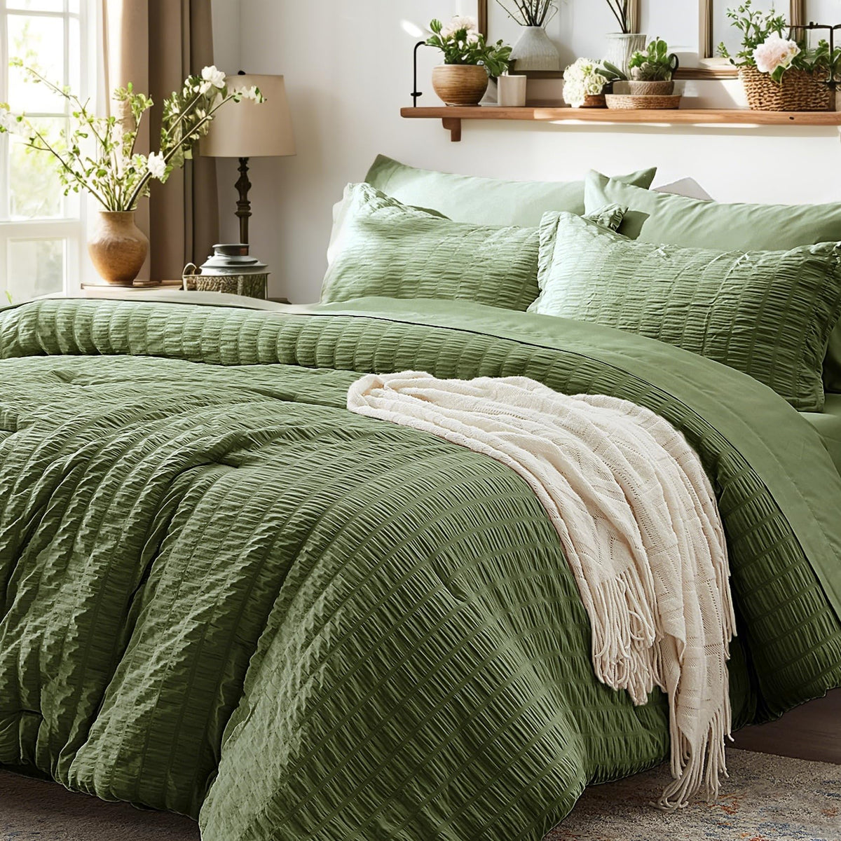 Twin Comforter Set 5 Piece, Olive Green Bed in a Bag Twin Size Bedding Sets