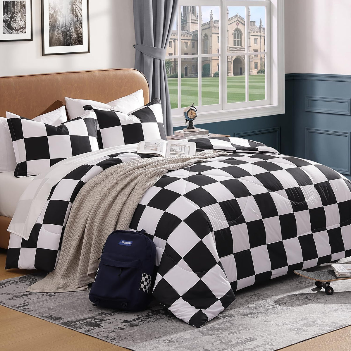 Andency Checkered Comforter Full, Black and White Gingham Plaid Bedding Set