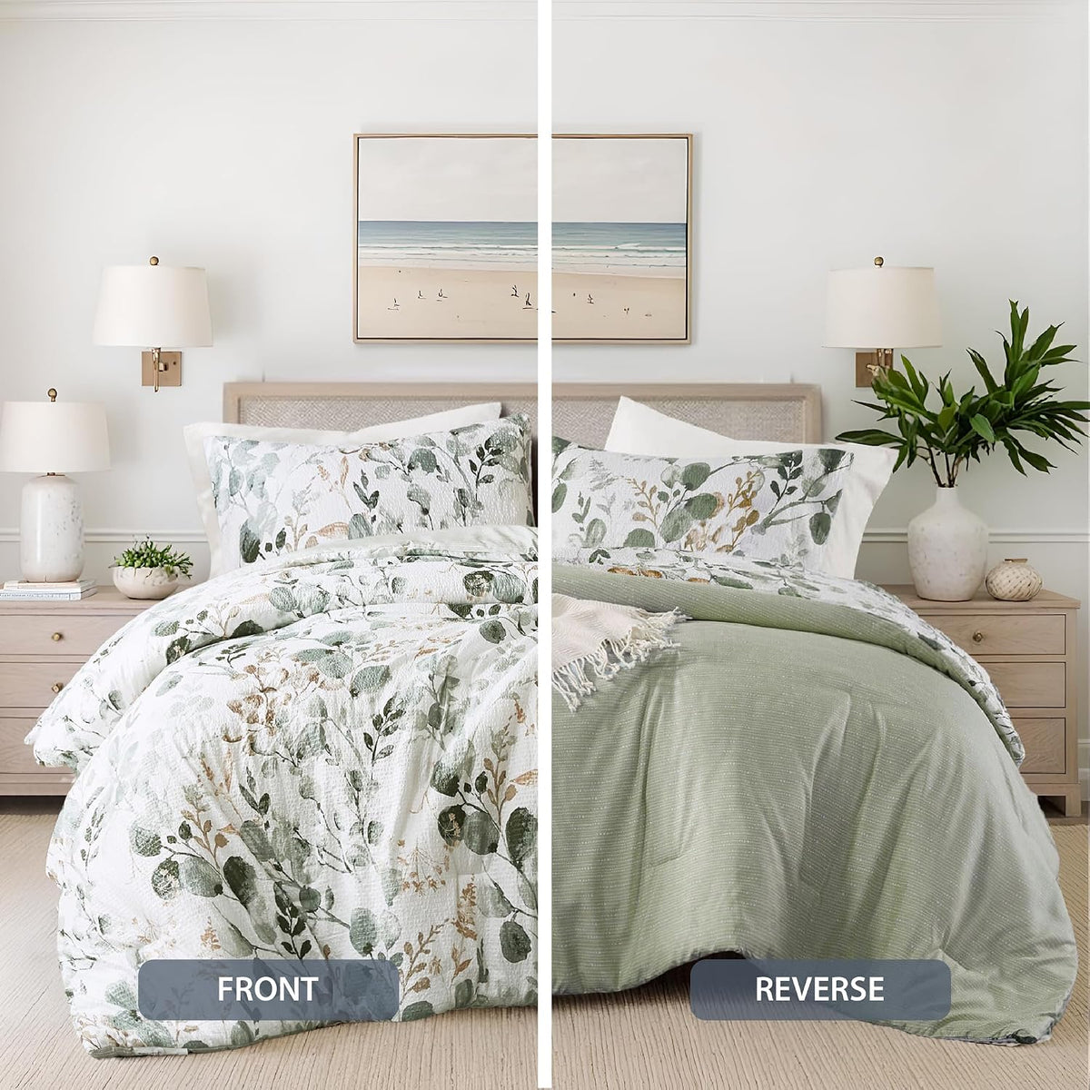 Lightweight Seersucker Botanical Comforter Set Queen Size, 3 Pieces Reversible Design with Striped Print, Premium Microfiber Bedding Set, Comforter and Sham Set, Green