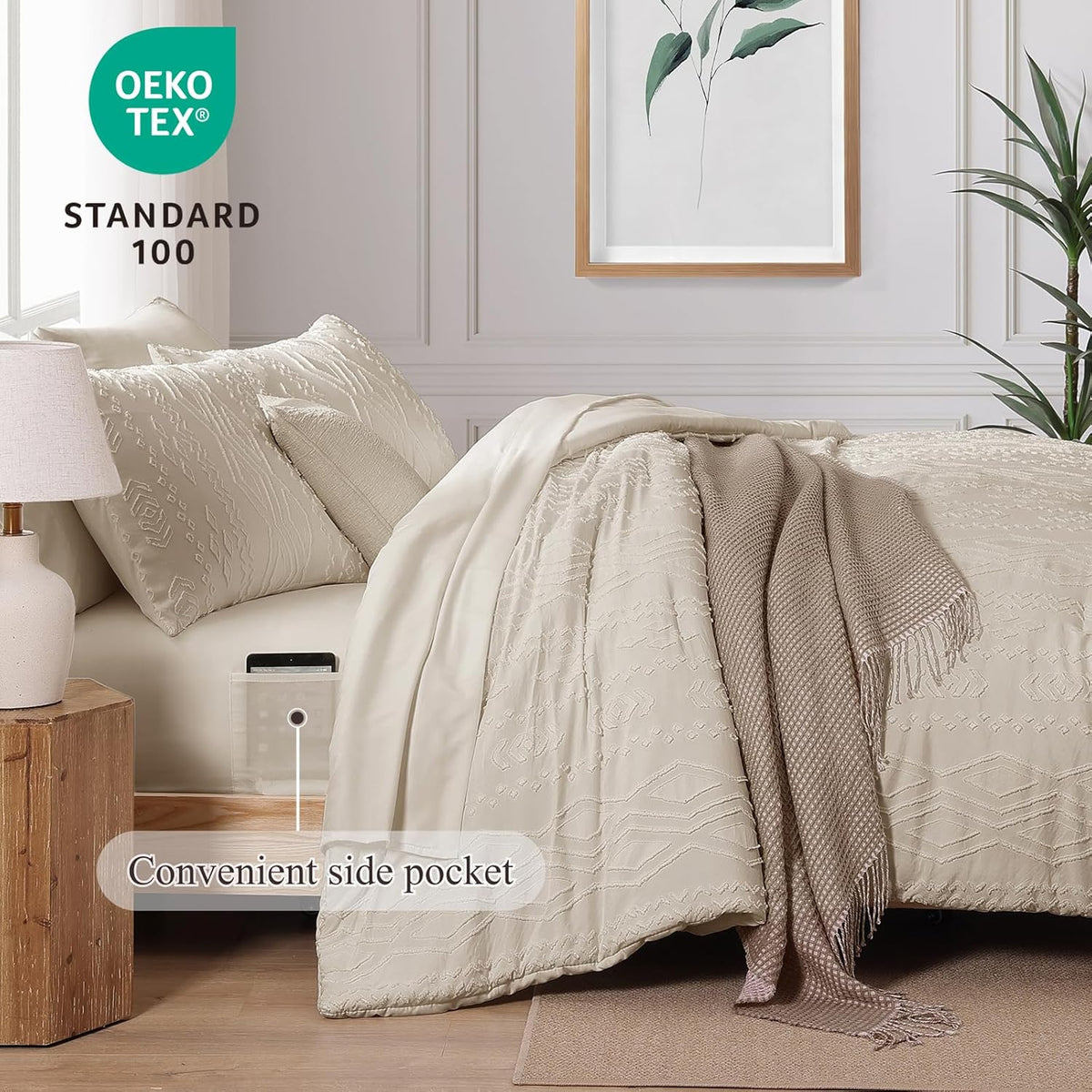 King Size Comforter Set Beige Tufted Boho Bedding Sets Farmhouse 7 Pieces