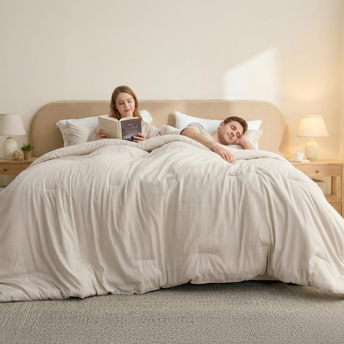 Bedsure King Size Comforter Set, Beige Soft Cationic Dyed Bed Set 3 Pcs