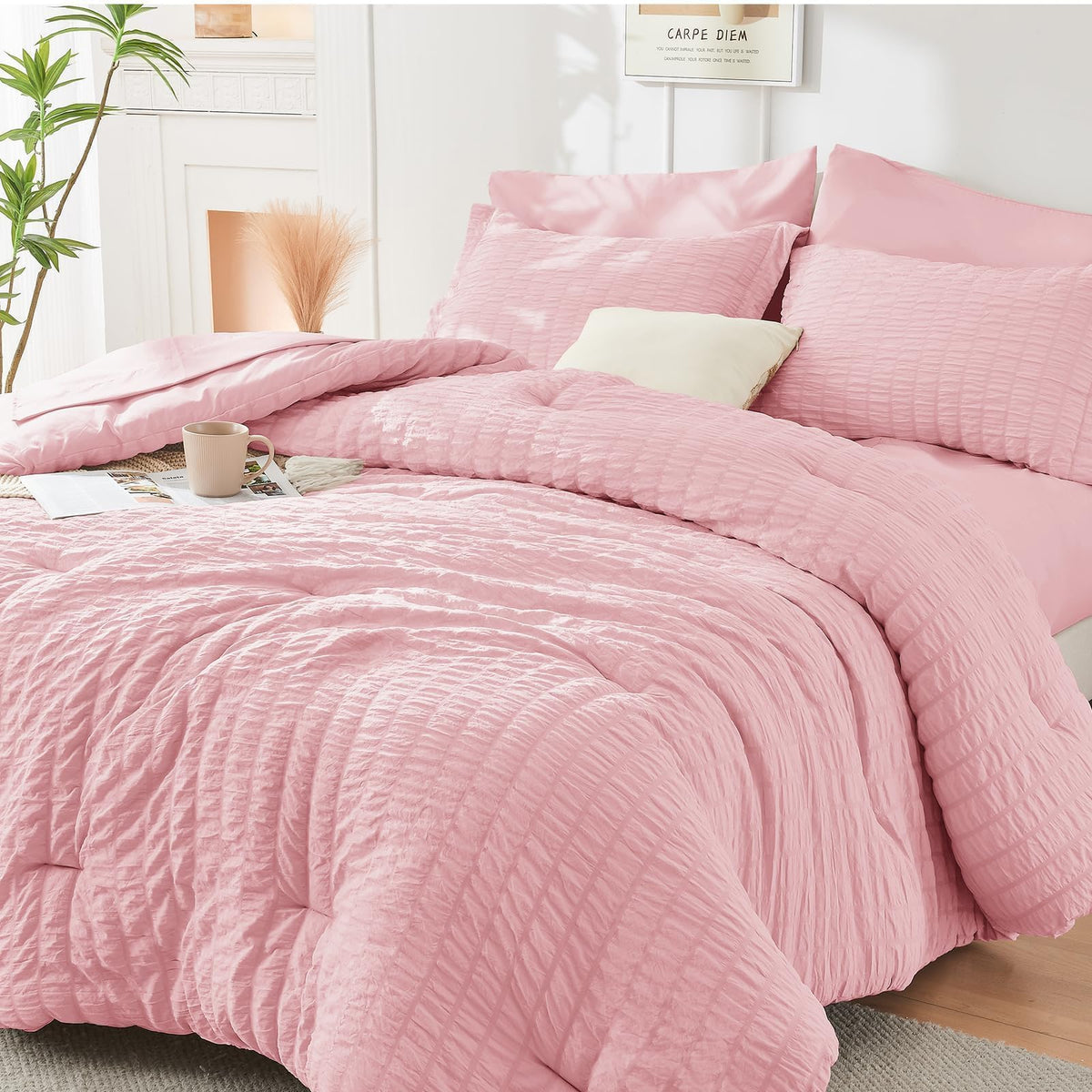 HYMOKEGE Queen Comforter Set Seersucker 7 Pieces, All Season Luxury Bed in a Bag for Bedroom, Bedding Set with Comforters, Sheets, Pillowcases & Shams, Dark Grey
