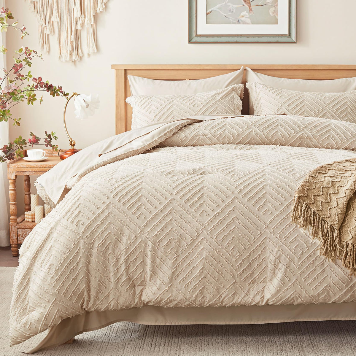 Zzlpp Queen Comforter Set 7 Piece, Beige Bed in a Bag Queen Bedding Sets