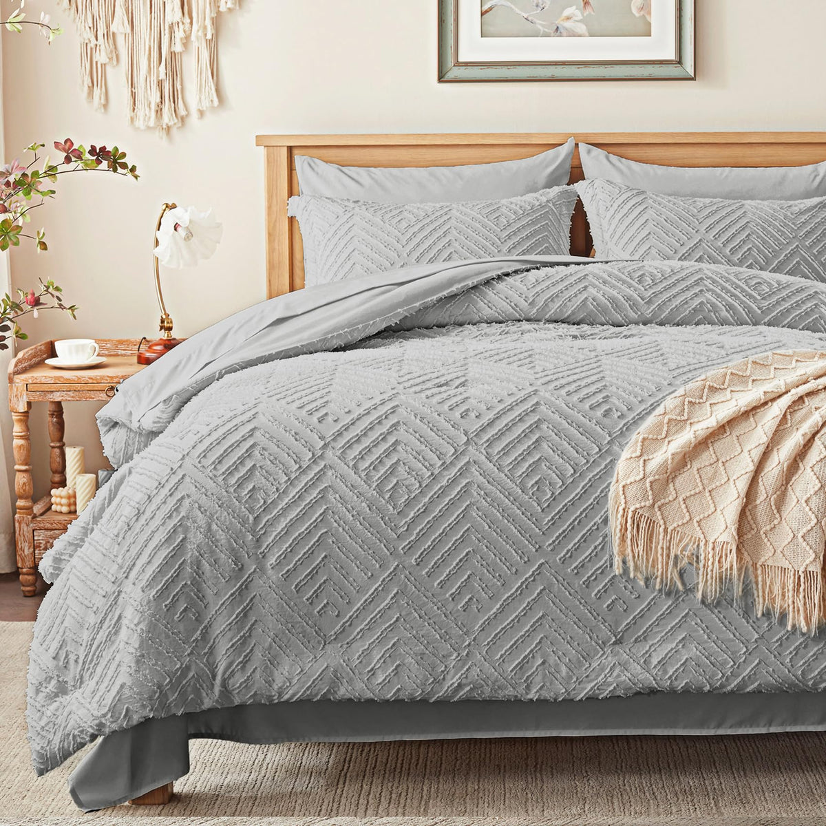 Zzlpp Queen Comforter Set 7 Piece, Beige Bed in a Bag Queen Bedding Sets