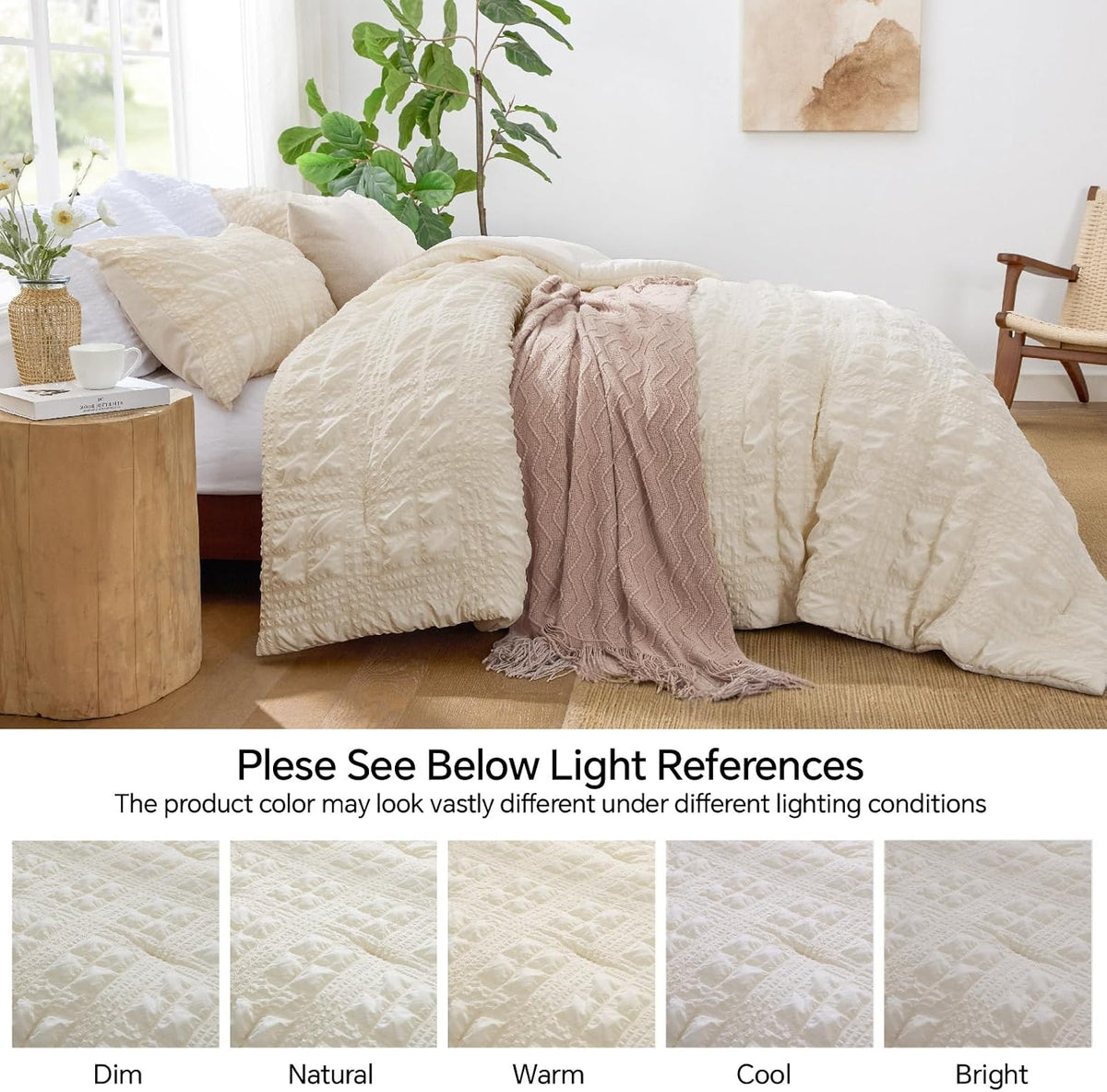 BEDELITE Queen Comforter Set, Seersucker Bedding Set 3 Pieces, Cream