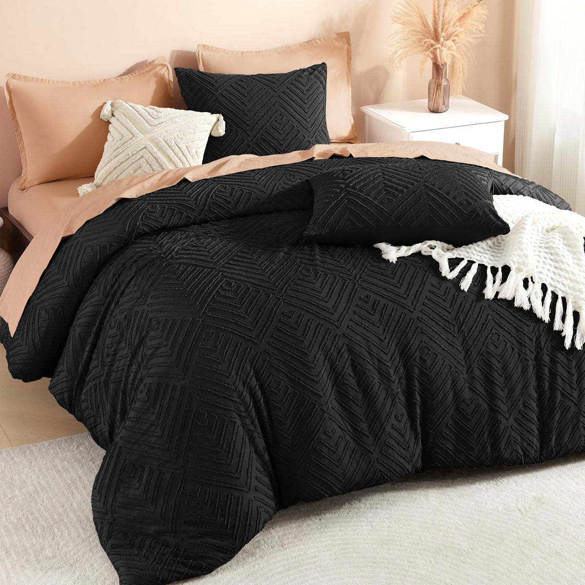 Litanika California King Comforter Set, 3 Pcs Beige Tufted Boho Bedding Set