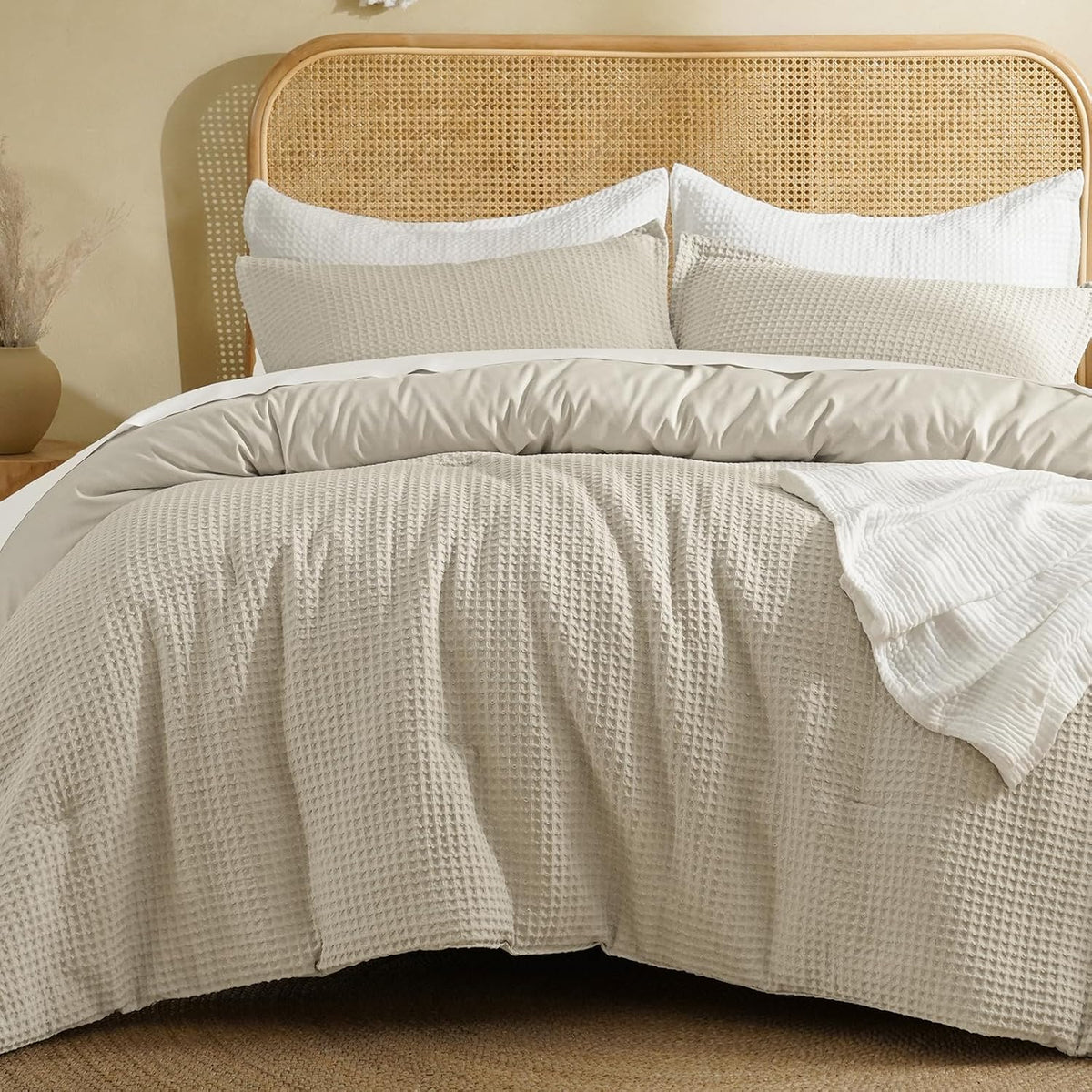 David's Home Textured Summer Waffle Weave Comforter Set, Queen, Linen