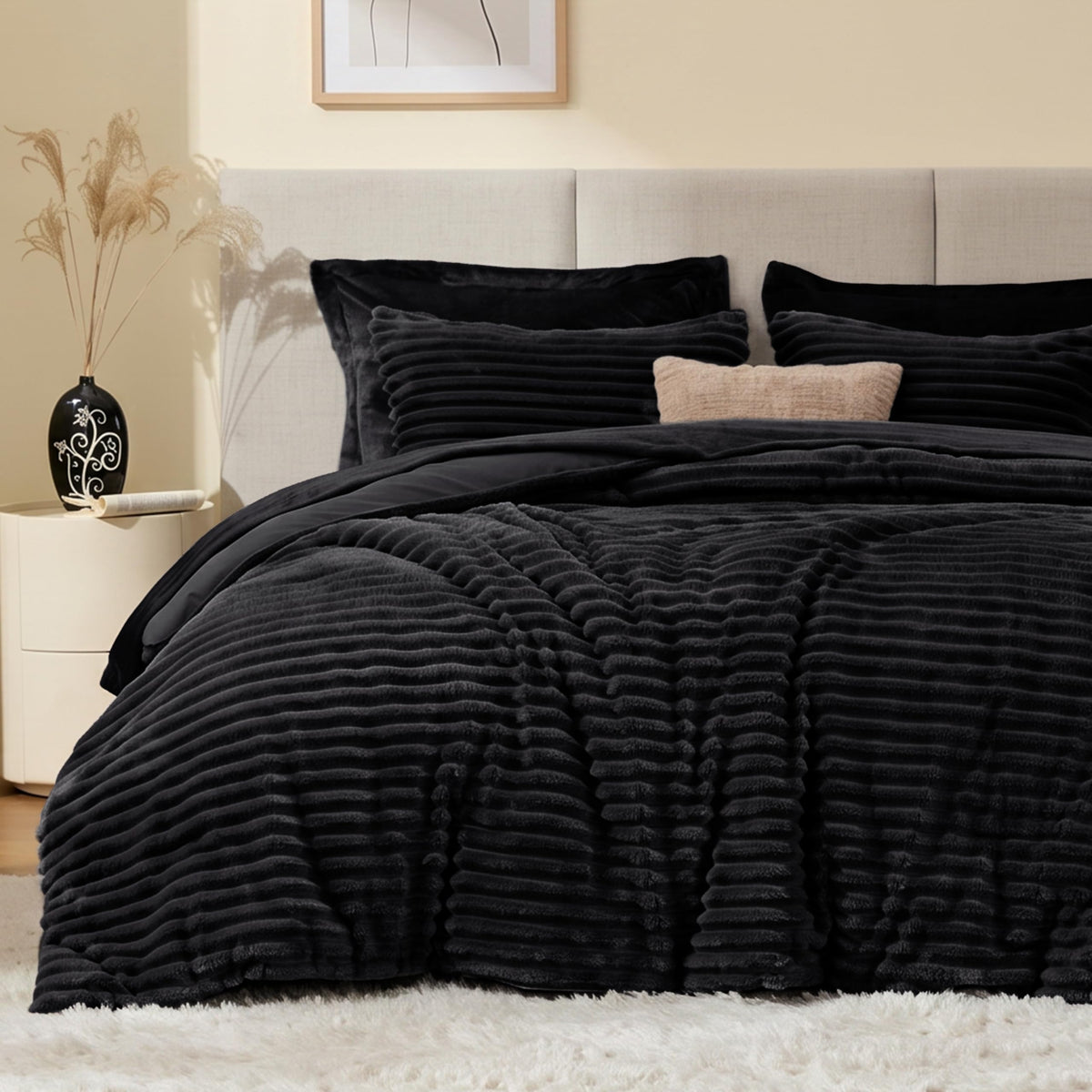 EXQ Home Fluffy Comforter Set Queen Size,3 Pieces Bed Set,Black