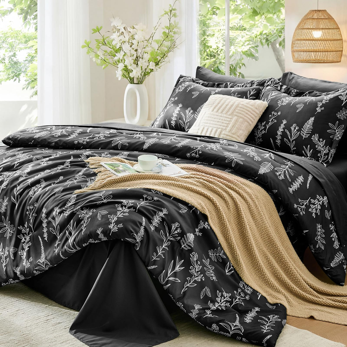 MUXHOMO Queen Comforter Set 7 Pieces, Sage Green Bed in a Bag Queen Reversible Botanical Flowers Design, Ultra Soft & Breathable Bedding Sets with Comforter, Sheets, Pillowcases & Shams