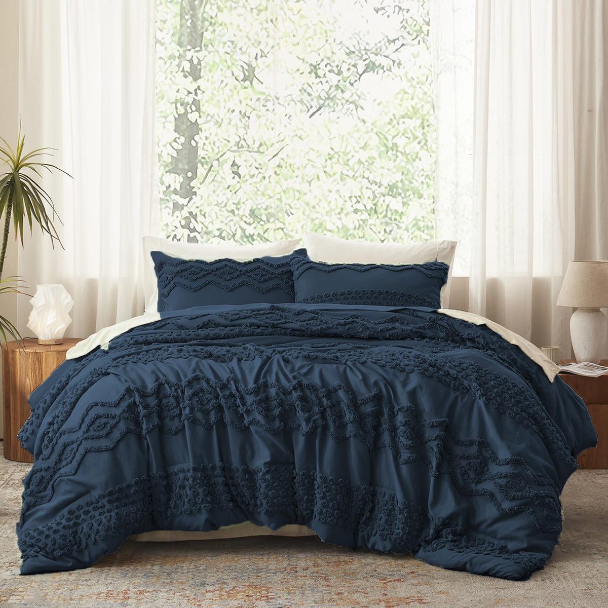 Luxudecor Beige Tufted Comforter Set, 3 Pieces Queen Size Boho Bedding Set