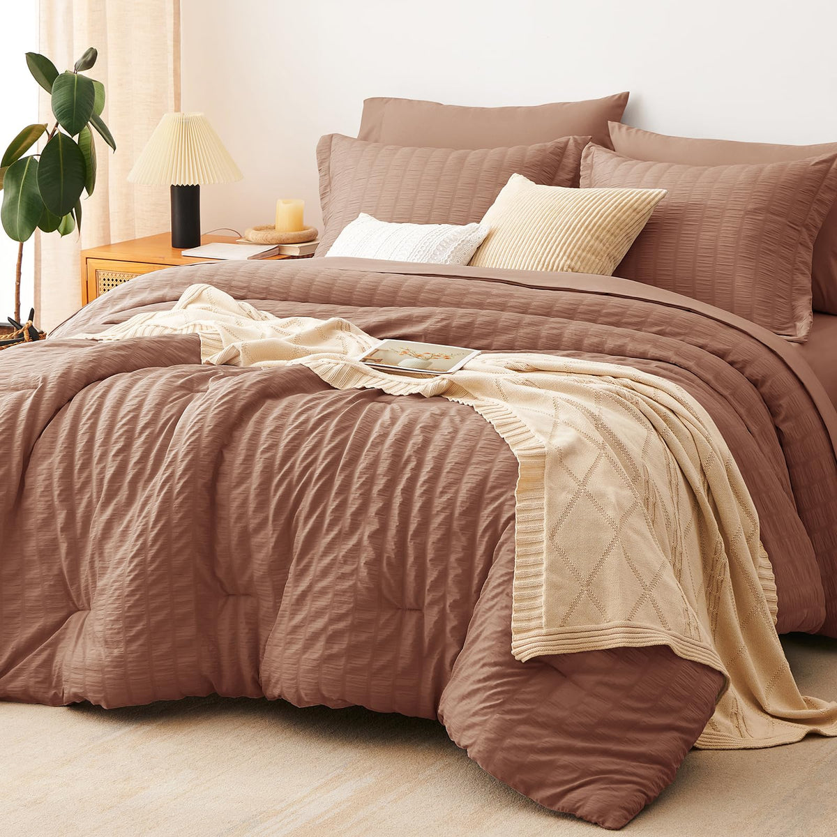 CozyLux Queen Comforter Set, 7 Pieces White Seersucker Bed in a Bag