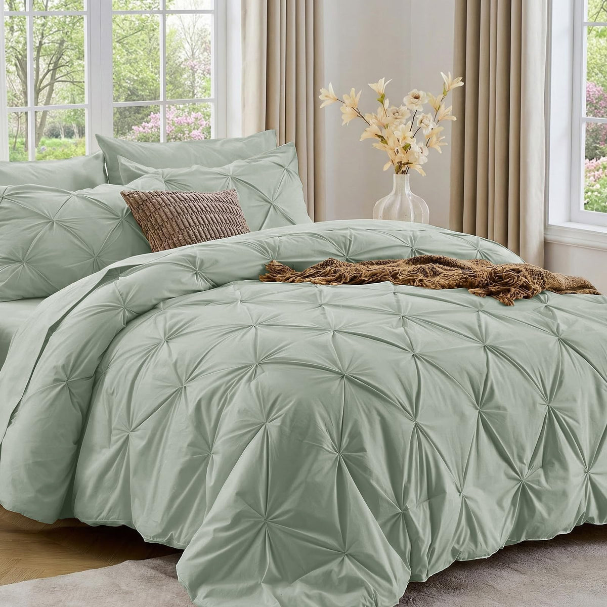 Sasttie Queen Comforter Set, 7-Piece Bed in a Bag, Pintuck Bedding Sets for All Season, Includes Comforter, Flat Sheet, Fitted Sheet, Pillowcases and Pillowshams, Beige