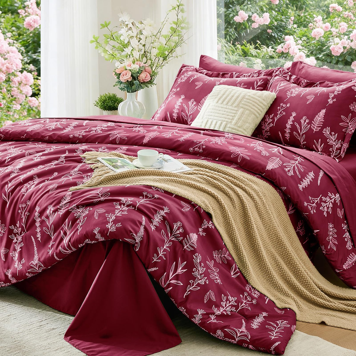 MUXHOMO Queen Comforter Set 7 Pieces, Sage Green Bed in a Bag Queen Reversible Botanical Flowers Design, Ultra Soft & Breathable Bedding Sets with Comforter, Sheets, Pillowcases & Shams