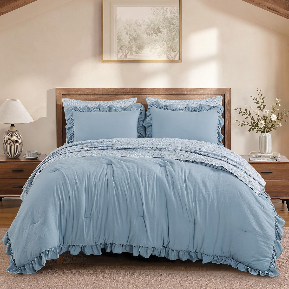 BLOOMHAVEN Queen Comforter Set-7 Pieces Ruffle Bedding with Floral Sheet