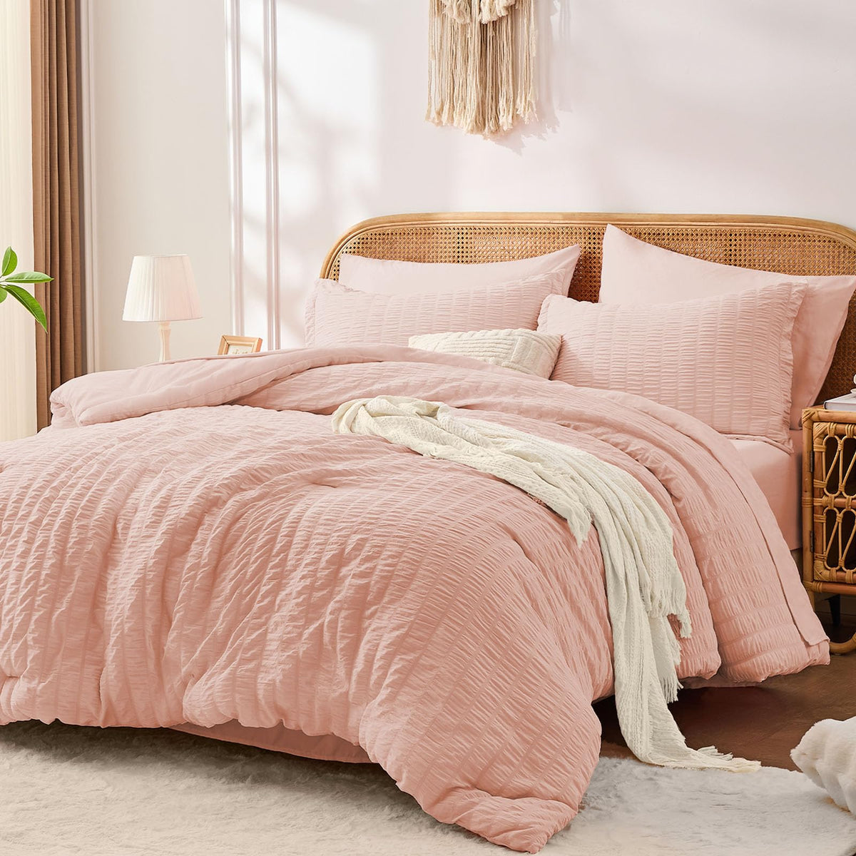 FUANNA Queen Comforter Set 7 Pieces, Pink Bed Set, Seersucker Bed in a Bag